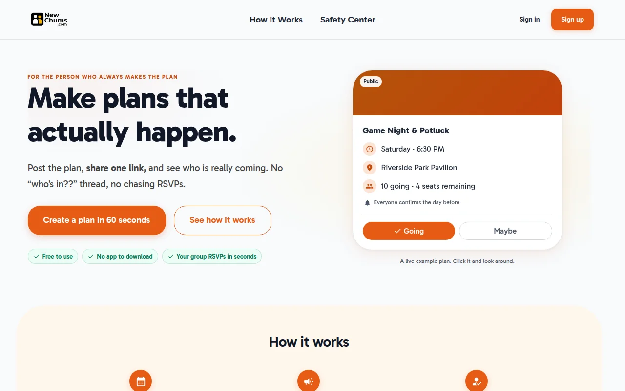The newchums.com homepage: Make plans that actually happen, with a live example plan card