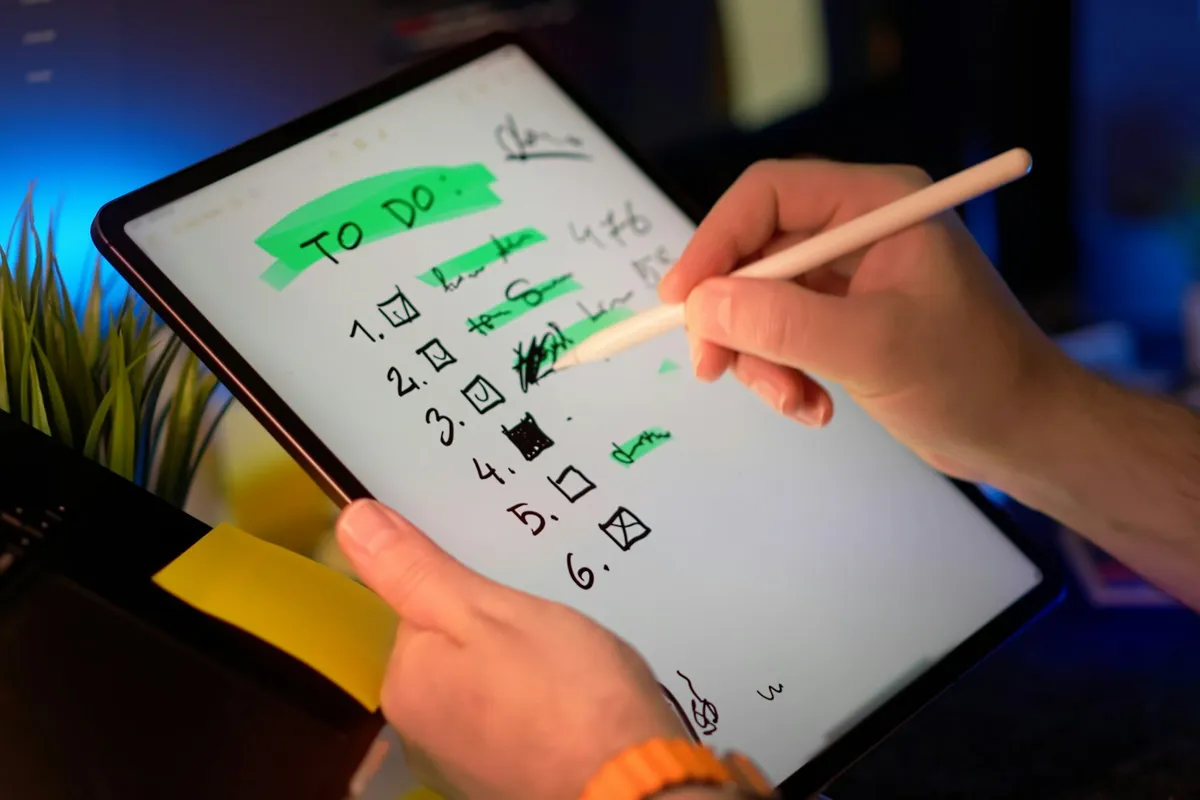 A hand with a stylus ticking items off a numbered to-do list on a tablet