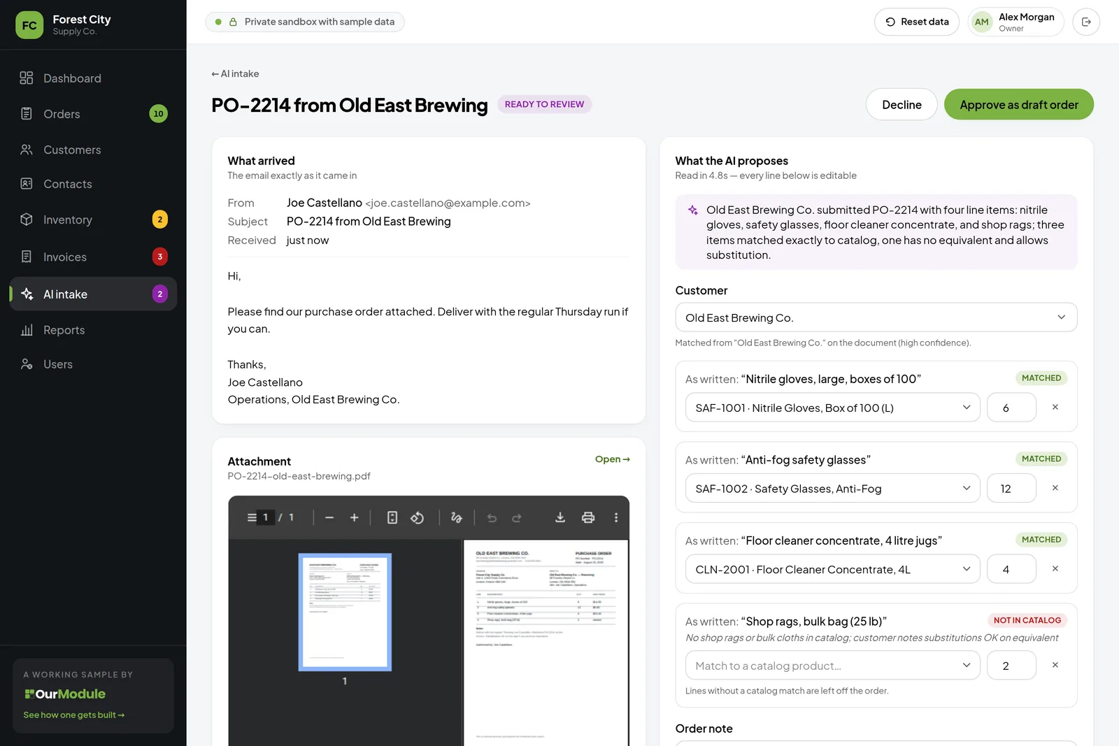 The AI intake review screen: an emailed purchase order beside the draft order the AI proposed from it