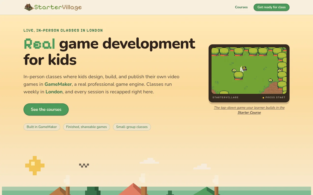Preview of startervillage.com, a website for a kids' game development program