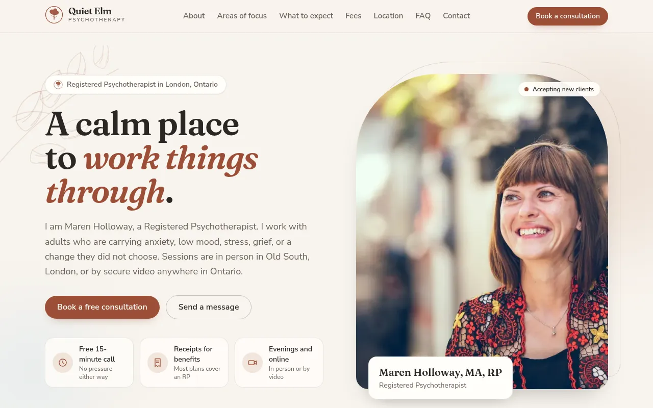 The top of the Quiet Elm Psychotherapy sample website: headline, portrait, and booking button
