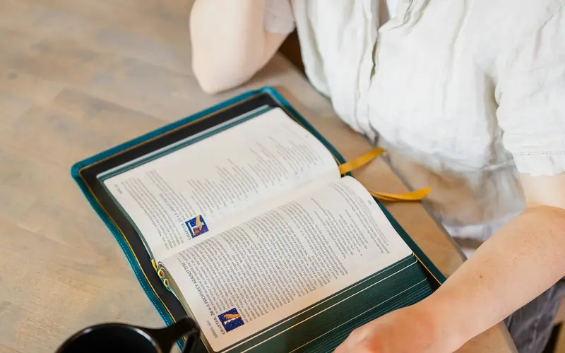 Someone reading through a binder of documents at a table