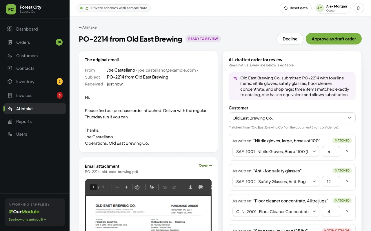 The live AI intake demo: an emailed purchase order read by AI and staged as a draft order for approval