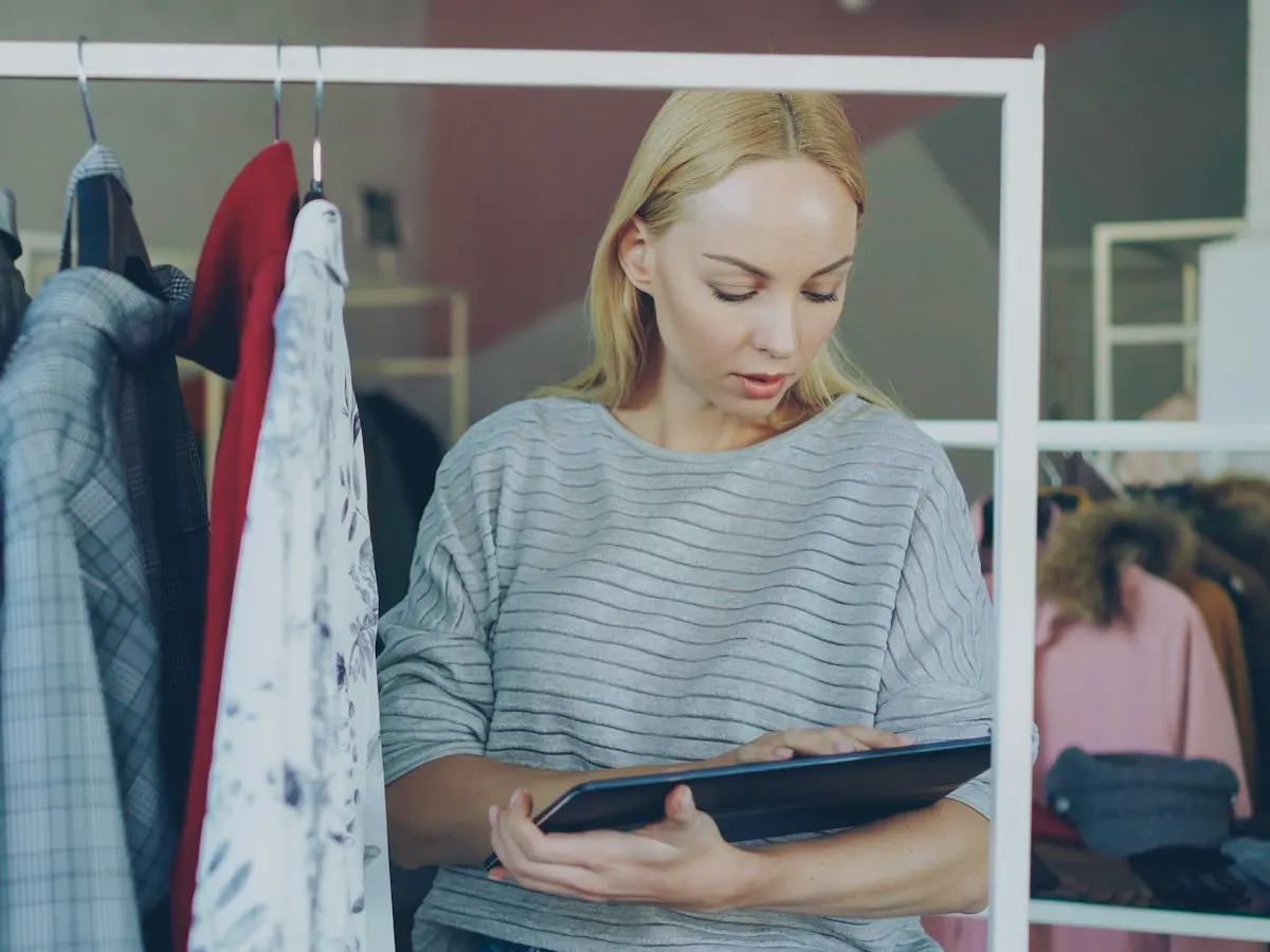 A shop owner checking stock on a tablet beside a clothing rack