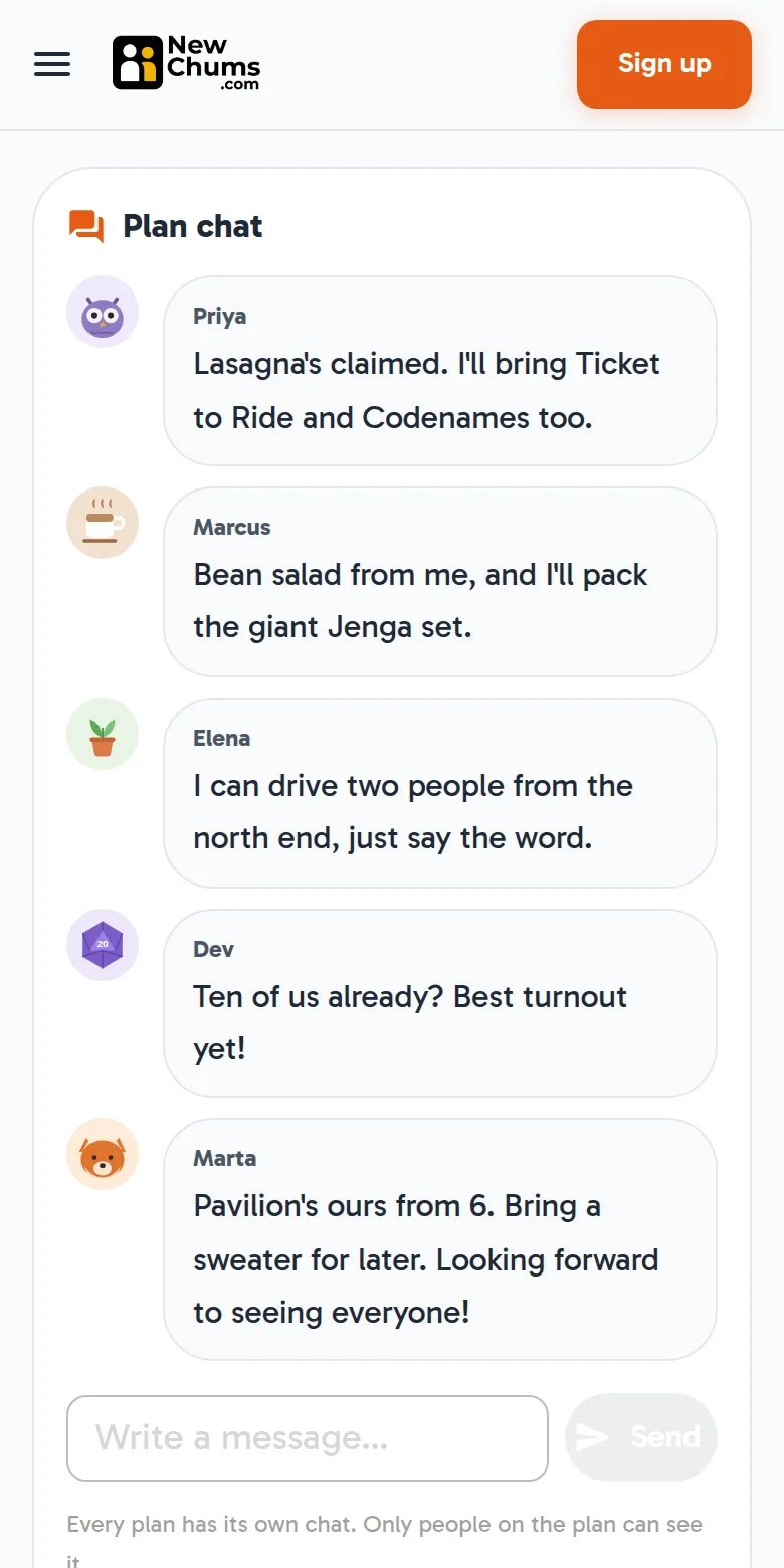 The plan chat on NewChums, where guests sort out who is bringing what