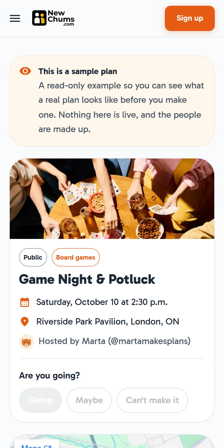 A sample plan on NewChums, Game Night and Potluck, with the date, the place, and the RSVP buttons